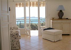 Living room with views of sea